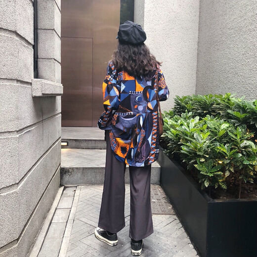 ZHIDOUDOU衬衫女春秋新款韩版宽松印花衬衣港味复古长袖衣外套 a 9712 S  收藏店铺ONG小礼物