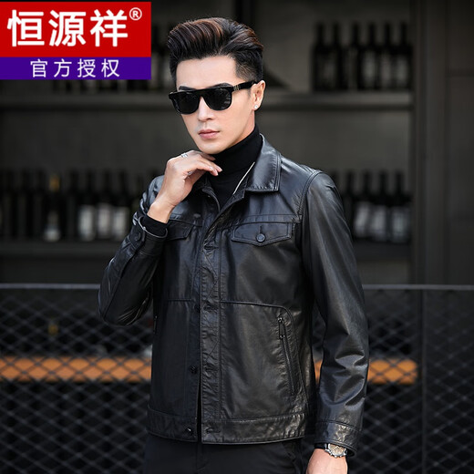 Hengyuanxiang 2023 Herbst und Winter Haining Revers Echtlederjacke Herren Erste Schicht Rindslederjacke Kurz Slim Button Motorradjacke Schwarz 180/2XL (140-155Jin Jin entspricht 0,5 kg)