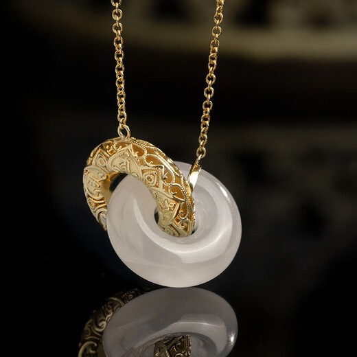 Potala Palace 18k gold inlaid jade pendant interlocking white jade peace buckle necklace for women as a gift for girlfriend Interlocking white jade necklace