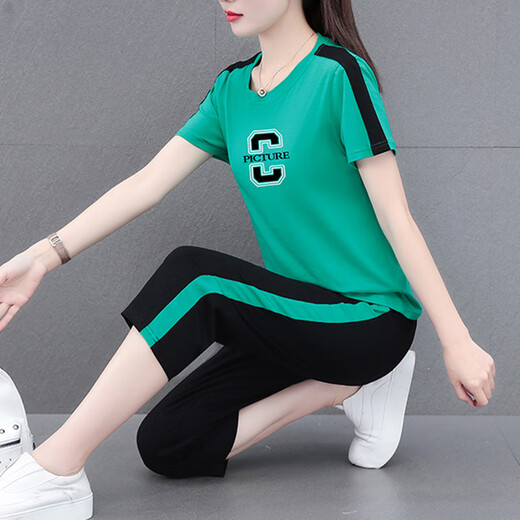 NY-EMMA运动套装女短袖夏季薄款高档洋气减龄棉质休闲时尚跑步服两件套 687卡其（七分裤套装） M(建议80-95斤)