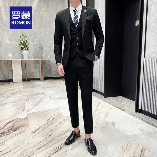 Luo Meng Men's Suit Suit 2025 Autumn and Winter New Wedding Dress Fashion Business Professional Suit Three-piece Set for Men One Button Black L