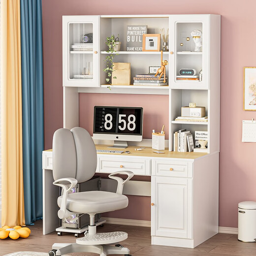 Fukai Shangnuo comes with free delivery desk bookshelf combination bookcase integrated computer desktop table solid wood home simple study table solid wood ecological board with bookcase warm white desktop length 100 width 58 height 188