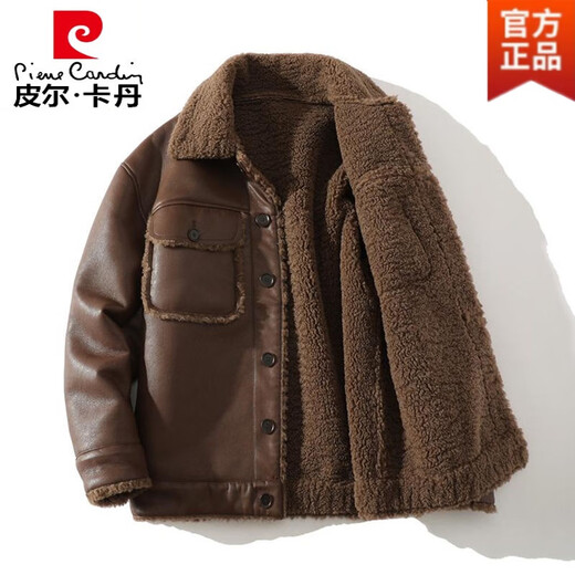 Pierre Cardin Brown Suede Jacket Men's Fur One-piece Plus Velvet Thickened Lamb Wool Jacket Trendy Large Size Motorcycle Leather Jacket Brown L (Light Business)