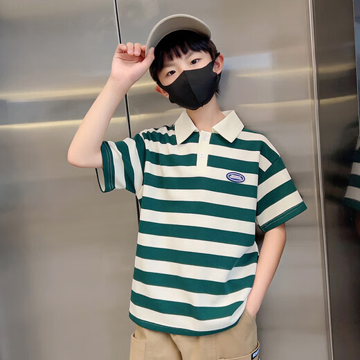 
McTicco boys summer suit new children's summer sports polo short-sleeved pants fashionable and handsome big boy boy 9850 green stripes + 5798 khaki 170