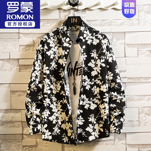 ROMON Autumn Small Floral estampado Camisa impresa para hombres Camisa de algodón de algodón de moda de manga larga de manga larga Handal Gandy Black and White Chaqueta Top 1049 No. 1 2xl Versión suelta 151-165Jin [Jin iguala 0.5 kg] desgaste