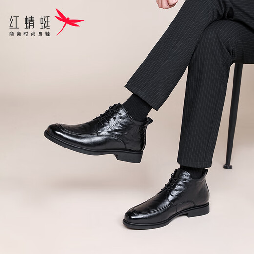 Red Dragonfly high-top leather shoes for men, wear-resistant cowhide hand-scratch pattern plus velvet warm business casual shoes for men WLD440181 black 42