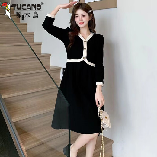 Woodpecker gras de grande taille Vêtements pour femmes printemps et automne Nouveau collier de parfum à la mode couvrant le ventre pour vous faire paraître mince robe à manches longues pour les femmes 1289 noire à manches courtes M recommandées 85-100jin [Jin est égal à 0,5 kg]