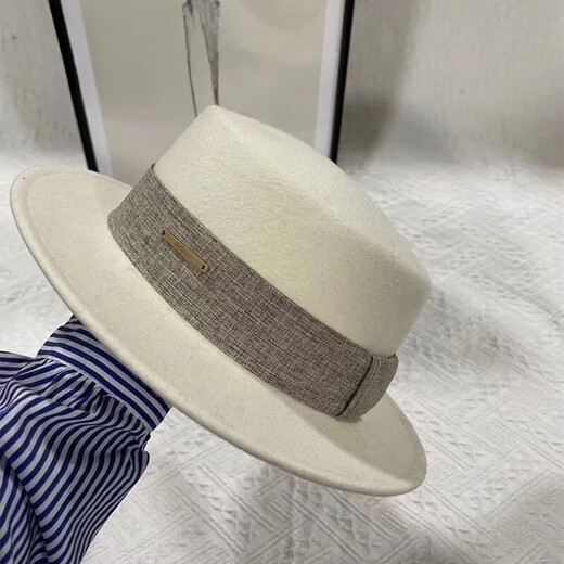 Difuxi top hat men's white French autumn and winter flat top woolen top hat women's flat brim small brim British large head circumference men's versatile camel black + black belt 55-59cm adjustable