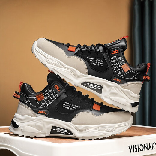 Mountain Flower Creek [optional with velvet] Men's shoes, autumn and winter new cotton shoes, sports and casual running thick soles, versatile dad's trendy shoes, black orange [upgraded version]-2601 39
