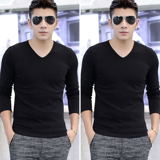 Shanshili 2-piece long-sleeved t-shirt men's v-neck solid color thin black trendy autumn clothes slim bottoming shirt spring and summer V-neck black V-neck black XL 108-125Jin Jin equals 0.5 kg