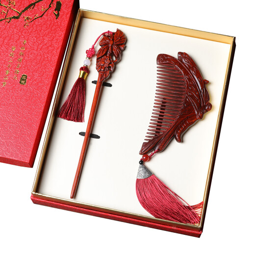 Meng Junchen red sandalwood comb handmade jade rabbit comb hairpin set for wife, girlfriend, mother's birthday, Valentine's Day gift, peach blossom gift box set