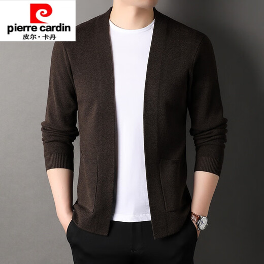 Pier Cardin high-end cardigan men's knitted cardigan spring and autumn new solid color fashionable and versatile casual black sweater jacket dark gray 175/ (suitable for weights 140-160)