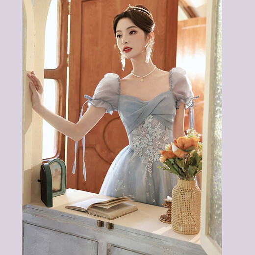 Li Baixin blue evening dress banquet light luxury niche temperament high-end advanced sense art test host adult ceremony for women spring blue M recommended 90-100Jin Jin equals 0.5 kg