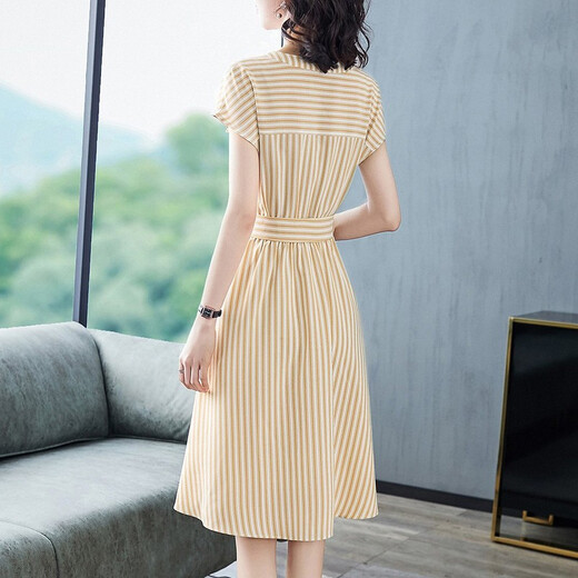 
Shanidoluo large size women's summer clothing fat mm new product fat sister fat people look slim and cover the belly dress short sleeves 15925 yellow 4XL recommended 160-180Jin [Jin equals 0.5 kg] to wear