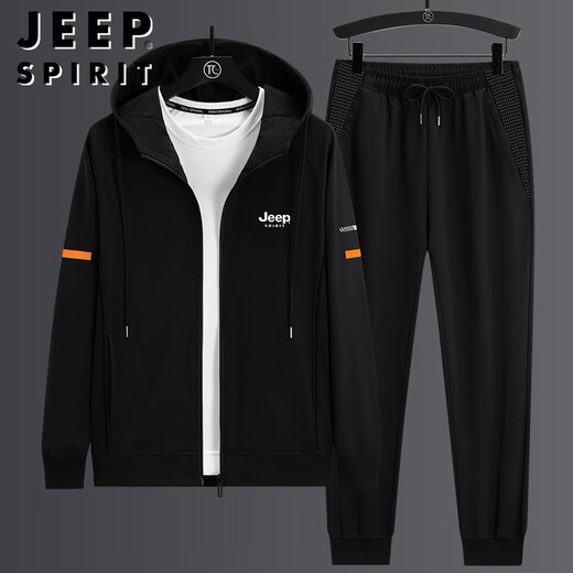 JEEP SPIRIT吉普卫衣男士套装长袖男春秋季休闲百搭时尚印花潮流潮牌大码宽松 H673黑白色（三件套） 4XL