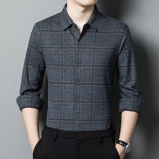 
Hengyuanxiang long-sleeved shirt men with wool spring and autumn business casual daddy top middle-aged and elderly winter thickened plaid shirt G15053 medium gray M [100-120Jin[Jin equals 0.5 kg]]