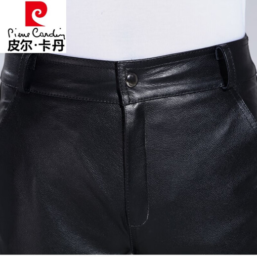 Pierre Cardin light luxury high-end brand men's genuine leather leather pants men's new cowhide slim motorcycle autumn and winter men's trousers warm and windproof motorcycle sheepskin pants knitted black sheepskin flat waist [back pocket zipper] size 29 [waist 2.2 feet]