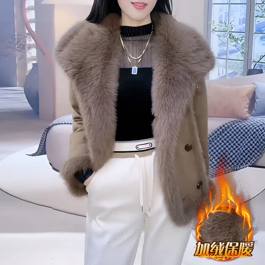 皮尔卡丹皮毛一体时尚休闲加绒加厚保暖外套女气质显瘦上衣2025秋冬新款 咖啡色 卡码拍小，不要拍大 3XL [建议146-160斤]