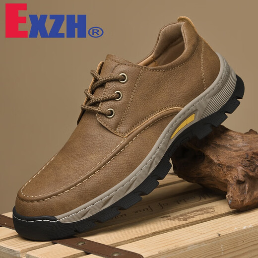 EXZH brand genuine leather outdoor sports hiking shoes men's casual leather shoes daddy's anti-slip cowhide thick sole waterproof tooling wide version 9715 black 39