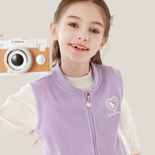 Hello Kitty children's vest spring and autumn outer wear girls' knitted vest medium and large children's zipper cardigan children's clothing 046 purple 140