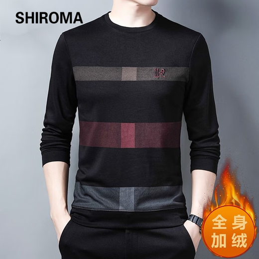 Camiseta de manga larga de otoño e invernal de Shiroma para hombres con camisa de base superior de otoño de otoño impresa para hombres con un terciopelo W691 W691 Black-Flee Style XL 175 Tamaño recomendado 135-150Jin [Jin equivale a 0.5 kg]