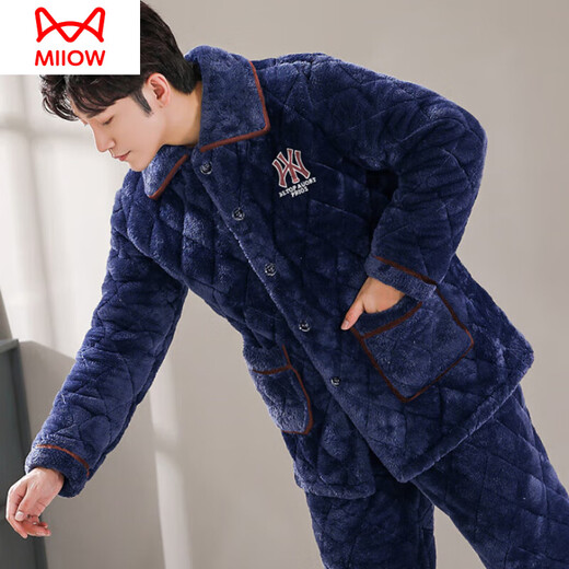 Cat Man (Miiow) Pyjamas für Männer dreischichtig eingedickte Korallenmerze Baumwolle warmer Flanell Winter Herbst und Winter Home Clothing Set C9921# Black Grey L [100-125jin [Jin gleich 0,5 kg]] Dreischichtig eingedickt