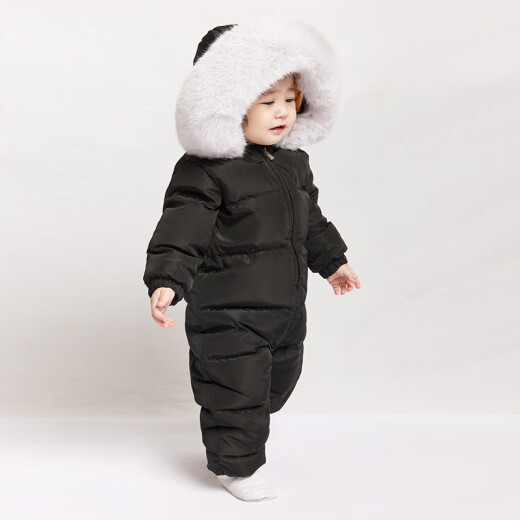 Baby one-piece down jacket, winter outing clothes, baby warm jumpsuit, thickened jumpsuit for boys and girls, black (simulated fox fur) 73cm