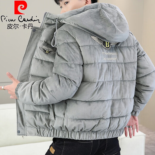 Pierre Cardin winter gold velvet cotton coat men's trendy Korean style casual thickened warm cotton coat youth hooded cold weather jacket Khaki M 90-105Jin Jin equals 0.5 kg