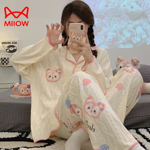 Cat Man (Miiow) Pyjamas en coton pur pour femmes au printemps et à l'automne nouveau pantalon à manches longues cardigan en vrac cariton doux caricatures mignons à la maison 9215 l [recommandée 100-120 Jin [Jin est égal à 0,5 kg]]]