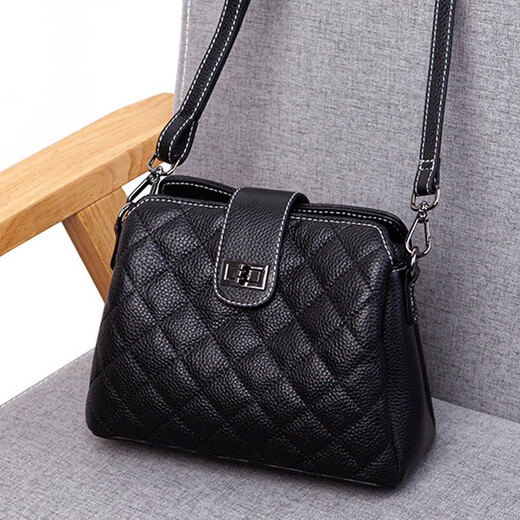 Glorzd Bag Women's 2025 New One-Shoulder Crossbody Bag Real Top Layer Cowhide Diamond Women's Bag Small Flavor Style Shell Bag Black
