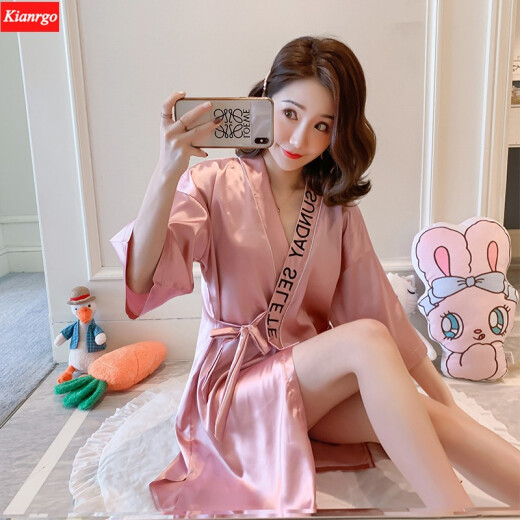 Kiargo睡袍女夏季浴衣女夏天和服女士睡衣单件浴袍冰丝性感家居服 QMS9896粉色 均码适合75-135斤
