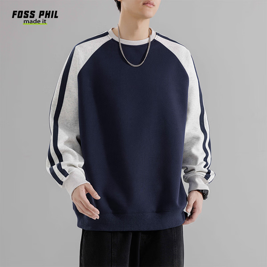 Foss Phil撞色卫衣男秋冬季休闲潮牌宽松圆领美式T恤打底衣8891藏青色XL
