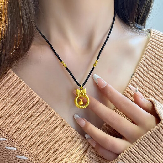 Chunfu Gold 999 Pure Gold Bow Knot Bell Gold Pendant Fugitive Princess Gold Hoop Safety Buckle Pendant Rope Necklace Gift Bow Knot + Gold Hoop + Bell About 2-2.2g