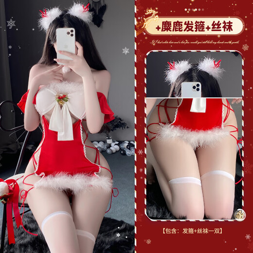 Manyan Sexy Elk Christmas Uniform Set Pajama Clothing Collection One piece 8596 9858 [Cloak + Three Points + Hand Sleeve *2 + Leg Ring *1] + Headband + All Size