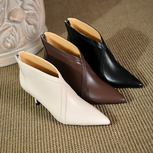 Gfoe French niche cowhide high heels ankle boots temperament retro pointed toe boots women's thin heels nude boots autumn v-mouth witch shoes single brown 36