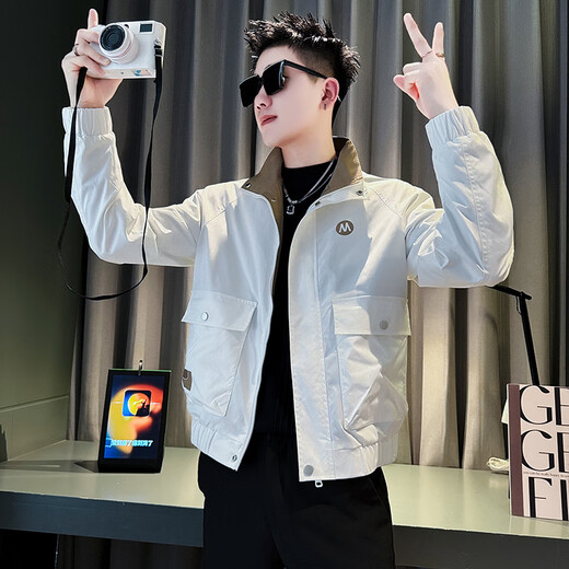 Jacket Men's Spring and Autumn New Casual Fashion Short Stand Collar Jacket Retro Workwear Trendy Brand Tops Black L