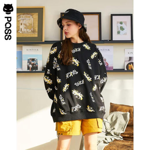 PASS trendy brand 2020 spring graffiti sweatshirt women's loose bf lazy style letter print long-sleeved top black one size