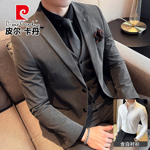 Pierre Cardin Groom Costume Men Business Professional Wear Forme Warid Robe Handsome Casual Slim Large Taille Men Black Four Pièce Costume (costume + pantalon + Vest + chemise)