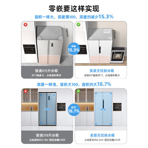 MeiLing worry-free embedded | 615 liter household two-door two-door double-door ultra-large capacity refrigerator first-class energy efficiency air-cooled frost-free bottom cooling ultra-thin zero embedded subsidy refrigerator Wuyou embedded BCD-615WPCZX Snowy White
