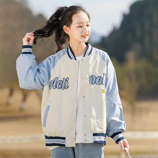 方糖姑娘初中生美式棒球服外套少女春秋装2025新款大童高中女生早秋薄上衣 9906DYR蓝色外套+9913牛仔裤 L