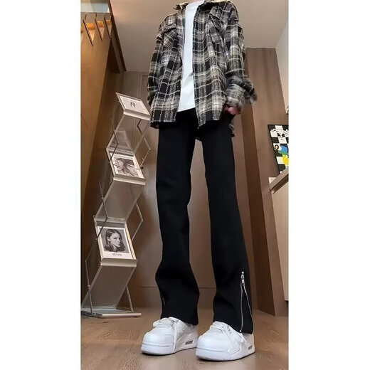 Männliche figure schwarze Seite Reißverschluss Jeans Herbst und Winter Casual Hosen Herren-amerikanische Hauptstraße Nippe No-Beine leicht ausgestellte Hosen Y9216 Schwarzer regulärer XL