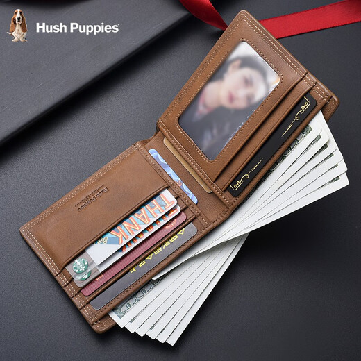 暇步士（Hush Puppies）钱包男士真皮短款时尚复古商务休闲多卡位钱夹软牛皮卡包礼盒票夹 咖色:HC-1471757W-506