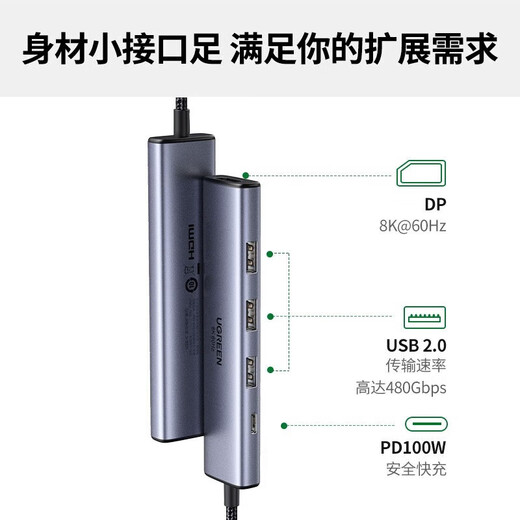 绿联（UGREEN） type-c扩展坞带网口 DP扩展坞Type-C转DP双向互转   dp转type-c dp vga 直播配件 dp扩展坞多屏 CM478	DP 扩展坞5合一15905