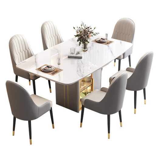 Shanglin Chuntian Rock Table and Chair Combination Telescopic Storage Multi-function Round Table Family Dining Table Small and Medium Apartment Dining Table Bright Snow Mountain White + 699 Chair Gray 1.4 meters One table and six chairs