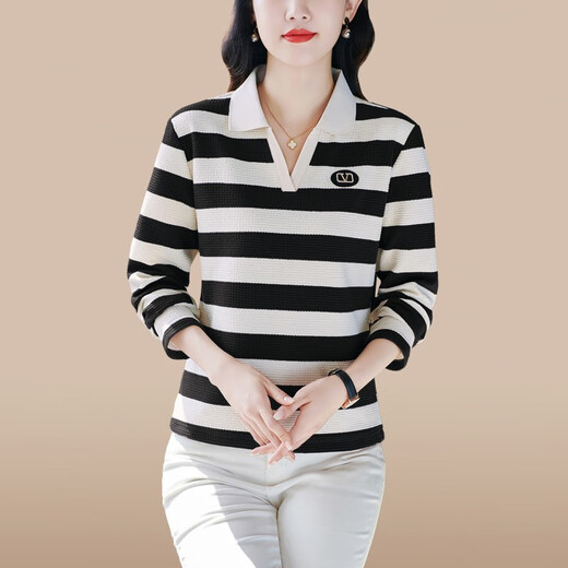 Fangluyu Langarmed T-Shirt für Frauen im Frühjahr und Herbst neuer Stil der Mutter des mittleren Alters mittleren Alters High-End-Baumwoll-Revers-Polo-Hemd Casual T-Shirt Lose T-Shirt 6636 Olive Green One Size M empfohlen, 85-95 Jin zu tragen [Jin gleich 0,5 kg]