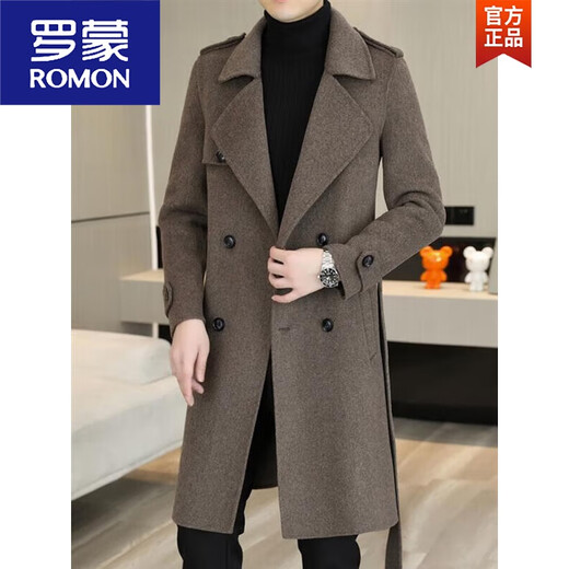 ROMON woolen coat men's mid-length handsome belt slim woolen woolen coat double-sided woolen windbreaker black 2XL 185 recommended 140Jin Jin equals 0.5kg -155Jin Jin equals 0.5kg