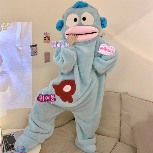 Ugly Fish Pajamas Thickened Hooded Large Size Funny One-piece Pajamas for Women and Men Autumn and Winter Thickened Warm Couple Home Clothes Ugly Fish One-piece with Shoes XL 170-182cm (High Quality)