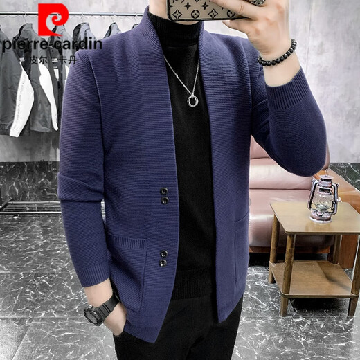 Pierre Cardin Brand Wool Cardigan Men's Trendy Slim Jacket 2025 Spring and Autumn Thickened Men's Knitted Sweater Cardigan Sweater Jacket Dark Gray XL
