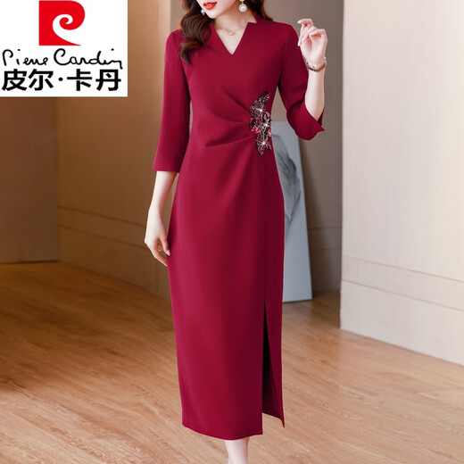 皮尔卡丹（pierre cardin）喜婆婆婚宴礼服高贵连衣裙女高贵晚装女参加婚礼红色气质妈裙子 酒红色 2XL