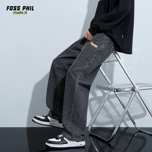 Foss Phil牛仔裤子男士春夏季宽松阔腿直筒裤子休闲裤838黑灰XL